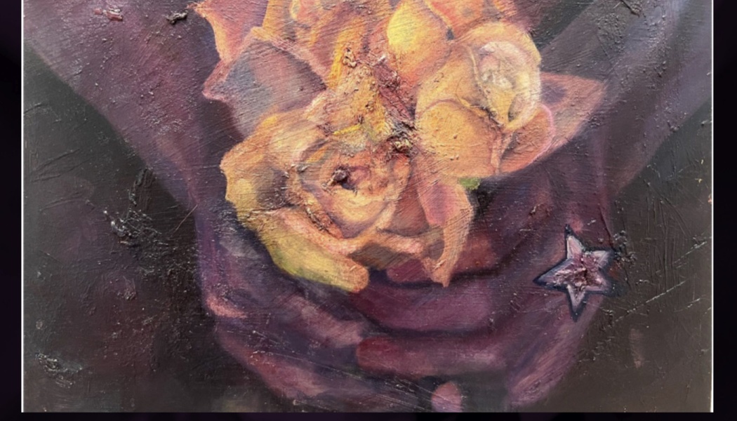 Oil painting of cupped hands holding a glowing yellow rose, with a small star tattoo on the hand.