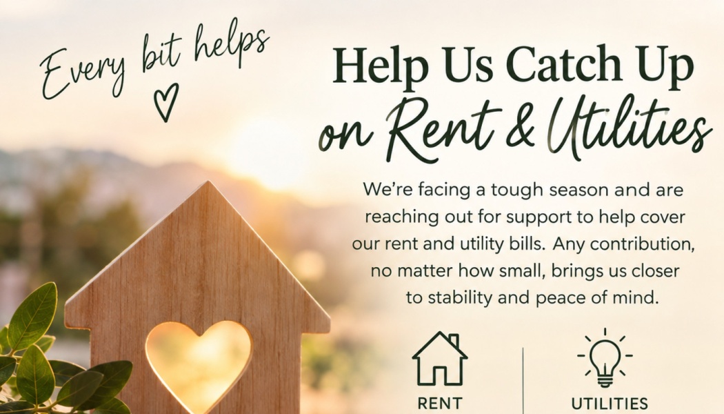 Wooden house cutout with a heart alongside text reading "Help Us Catch Up on Rent & Utilities".