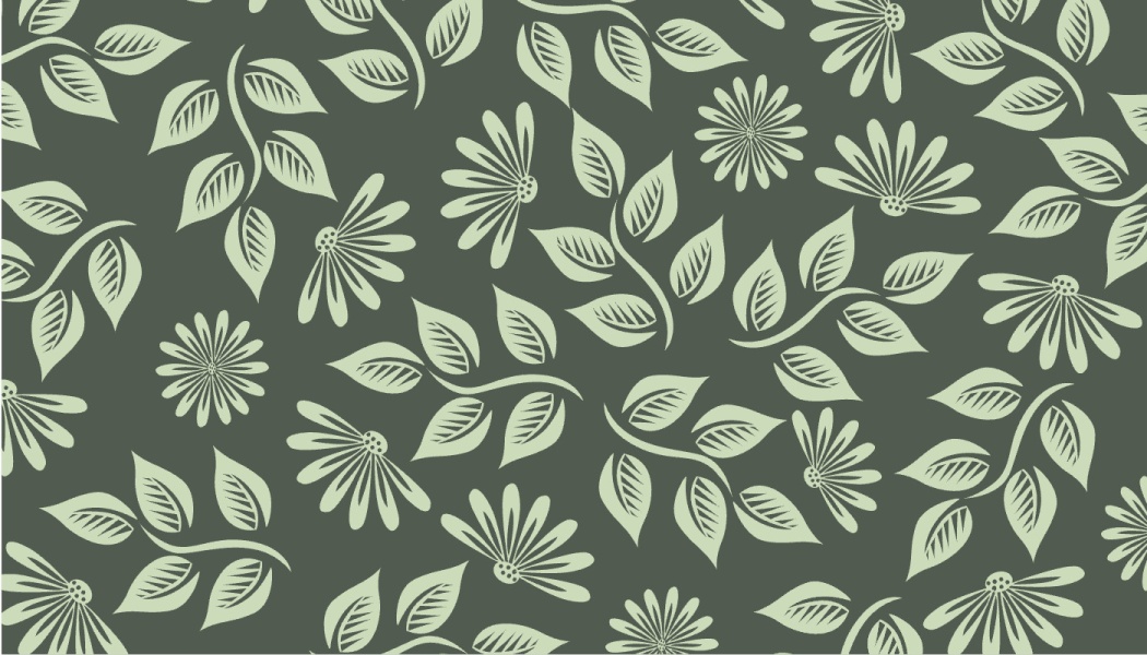 Pale green floral pattern with stylized daisies and leafy branches on a dark olive green background.