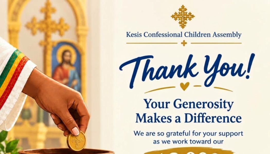 Kesis Confessional Children Assembly thank you banner featuring a hand placing a gold coin into a donation bowl.