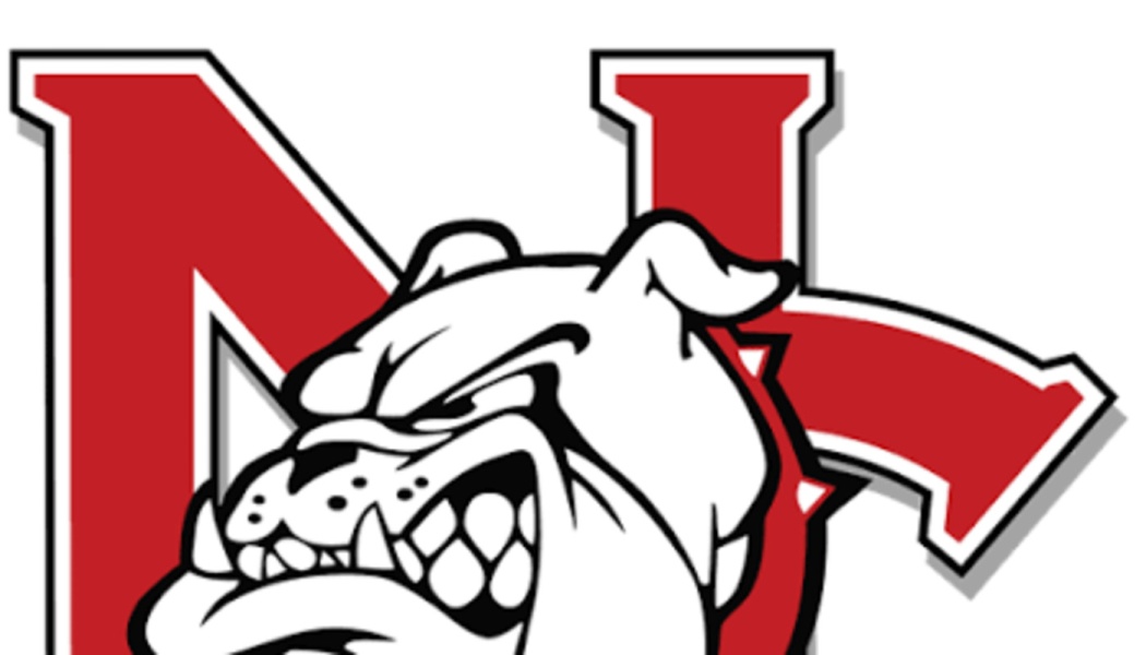 Growling bulldog mascot head superimposed over red block letters N and L.