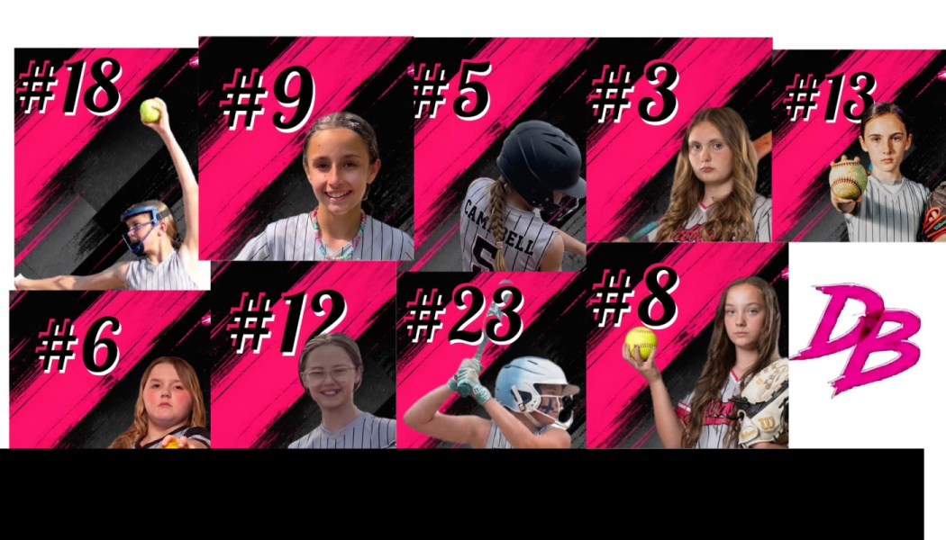 Collage of nine youth softball players posing with their jersey numbers on a pink and black background.