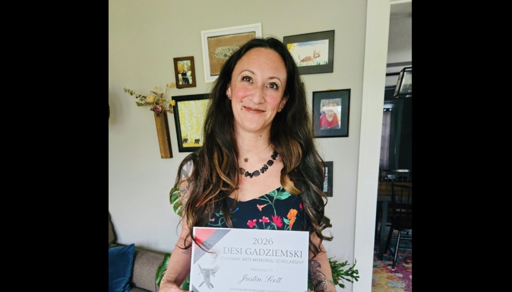 A smiling woman holding a Desi Gadziemski Culinary Arts Memorial Scholarship certificate.