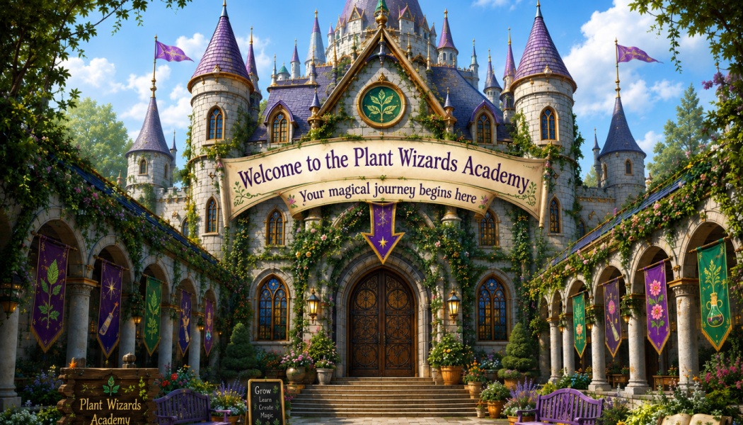 Magical castle entrance draped in vines with a banner reading 'Welcome to the Plant Wizards Academy'.