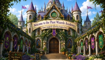 Magical castle entrance draped in vines with a banner reading 'Welcome to the Plant Wizards Academy'.