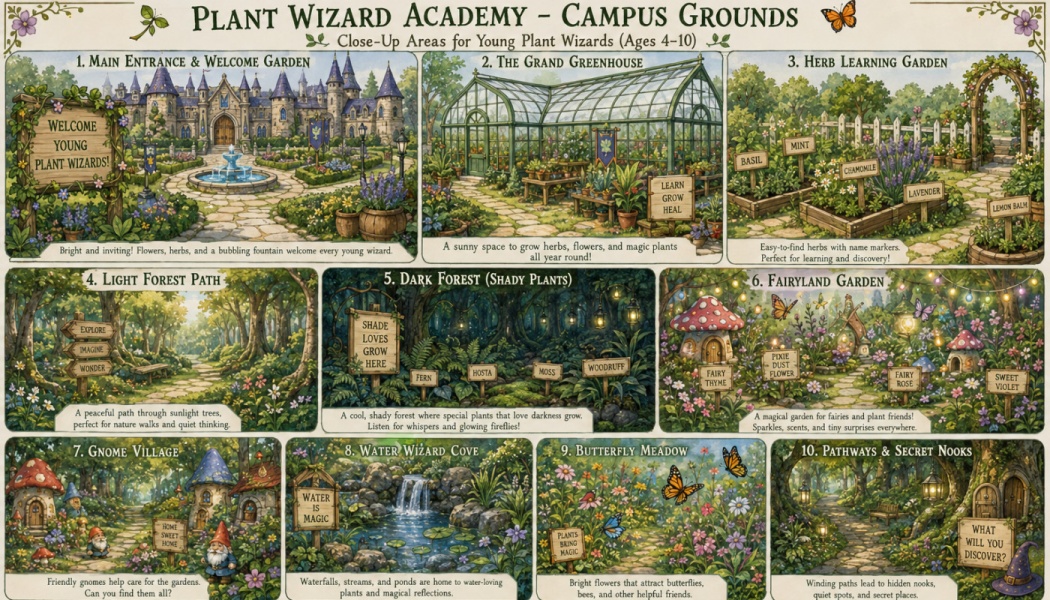 Illustrated map of Plant Wizard Academy campus featuring ten magical garden areas for young plant wizards.