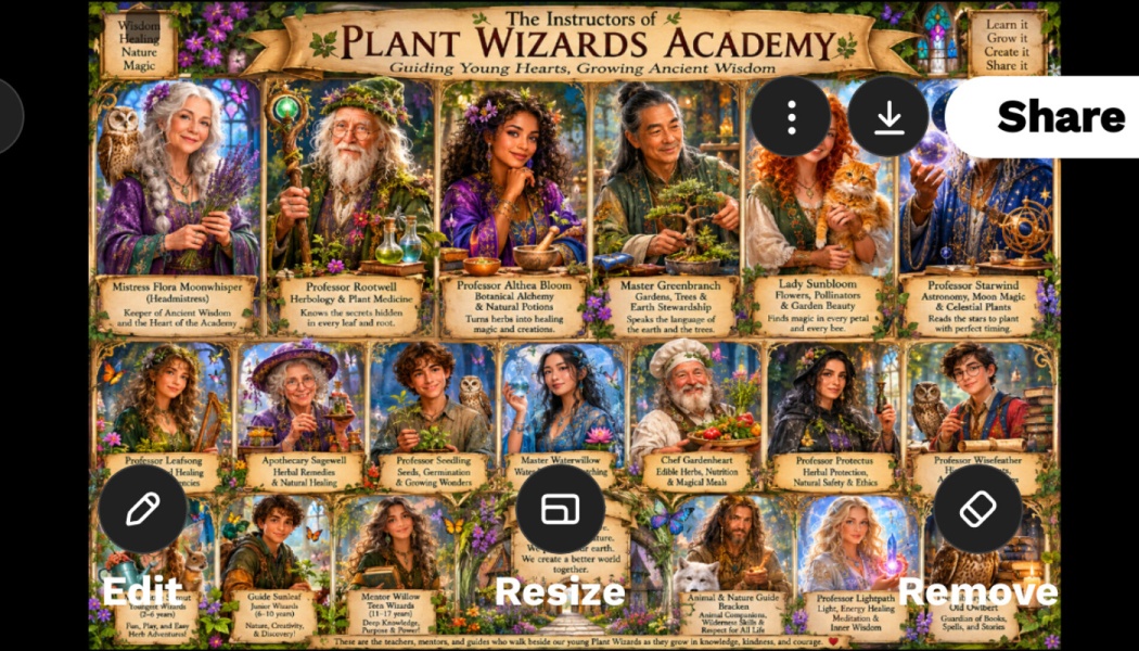 Fantasy poster featuring a grid of character portraits titled "The Instructors of Plant Wizards Academy."