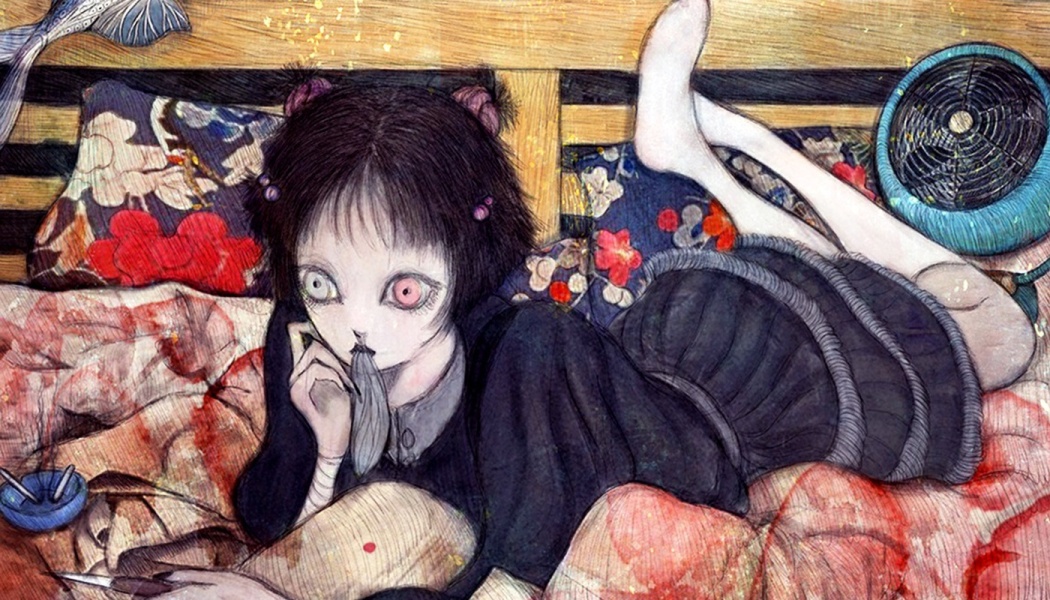 Dark illustration of a pale-skinned girl with wide mismatched eyes lying on a bed amidst floral cushions.