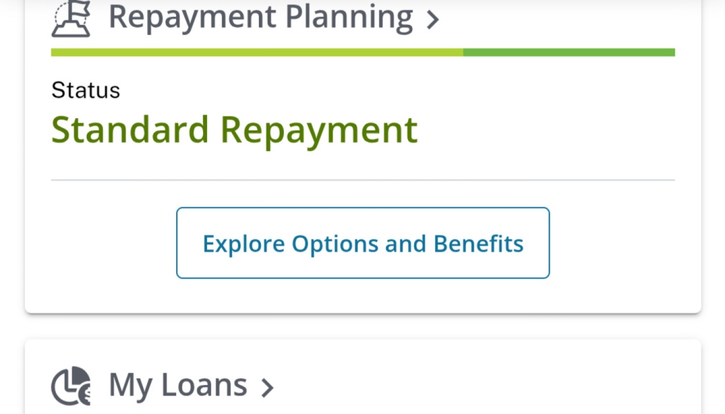 Repayment Planning section showing status as Standard Repayment and an Explore Options and Benefits button.