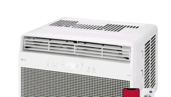 White LG smart window air conditioner with digital display, remote control, and smartphone app compatibility.