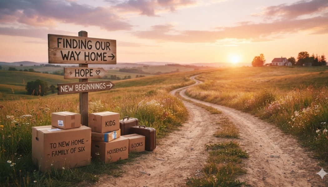 Packed moving boxes and suitcases by a wooden sign reading "Finding Our Way Home" along a dirt road at sunset.