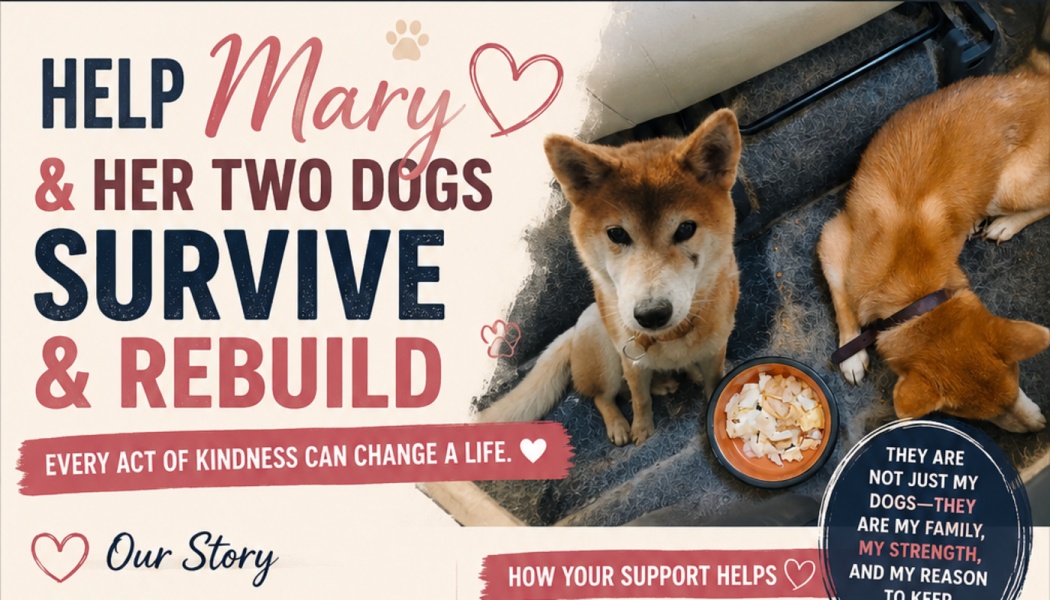 Fundraiser text reading "Help Mary & Her Two Dogs Survive & Rebuild" with two small tan dogs sitting inside a car.