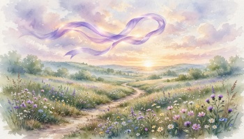 Watercolor landscape of a dirt path through a wildflower field at sunset, with a glowing purple ribbon in the sky.