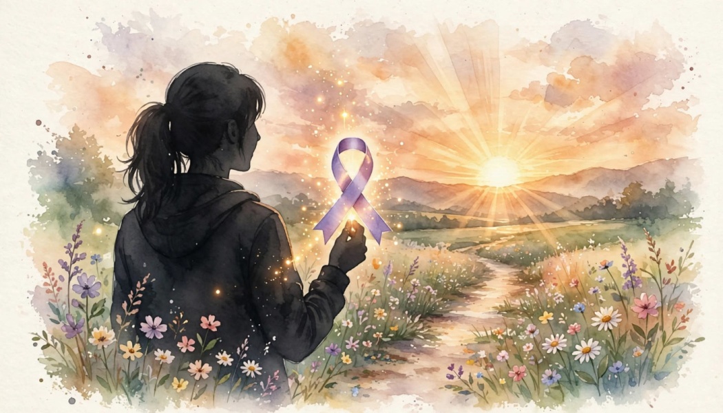 A woman holds a glowing purple awareness ribbon toward a bright sunrise in a field of wildflowers.