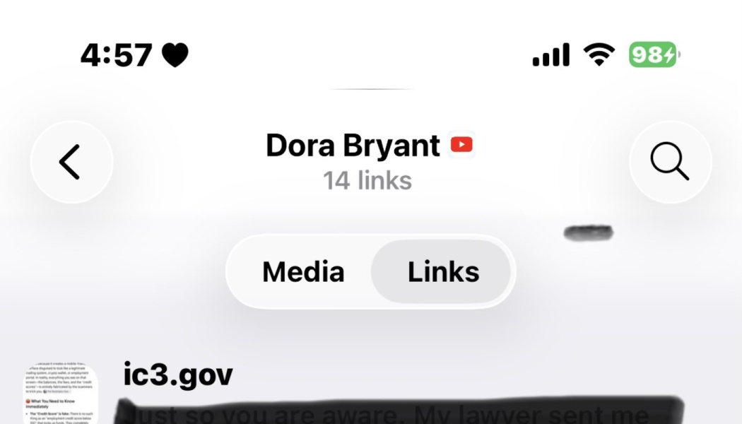 Phone screenshot of a contact page for Dora Bryant displaying shared links, including a link to ic3.gov.