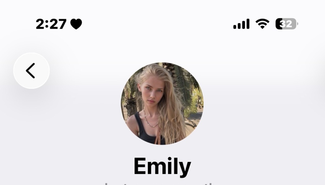 Profile page for Emily, featuring a circular portrait photo of a young woman with long blonde hair.