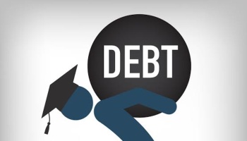 A figure wearing a graduation cap bent over under the weight of a heavy black ball labeled DEBT.