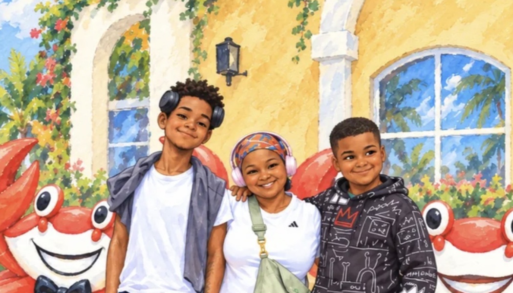 Illustration of a smiling mother standing with her two sons in front of a yellow building flanked by red crab statues.