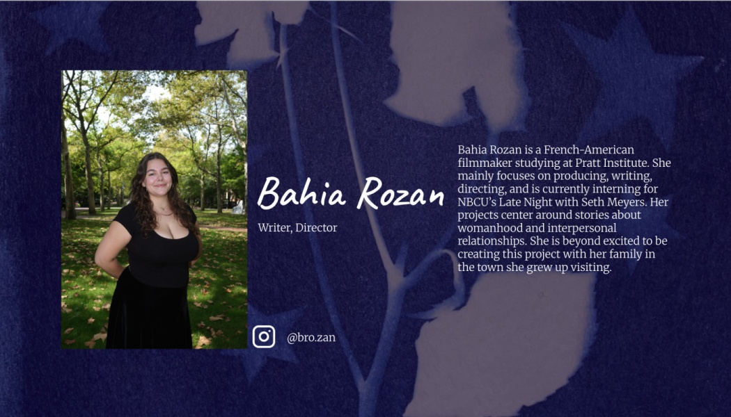 Bio graphic for Bahia Rozan, Writer and Director, featuring her photo outdoors alongside a short biography.