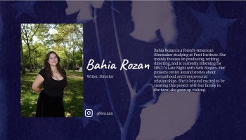 Bio graphic for Bahia Rozan, Writer and Director, featuring her photo outdoors alongside a short biography.