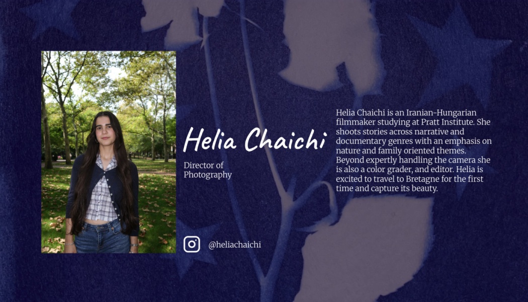 Profile card for Helia Chaichi, Director of Photography, with an outdoor portrait, short bio, and Instagram handle.
