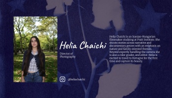 Profile card for Helia Chaichi, Director of Photography, with an outdoor portrait, short bio, and Instagram handle.