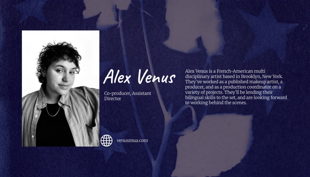 Profile card for Alex Venus, Co-producer and Assistant Director, featuring a portrait and short bio.