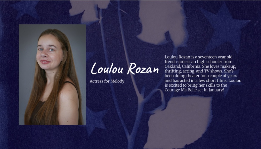 Profile graphic for actress Loulou Rozan (Melody) featuring her headshot portrait and short biography.