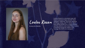 Profile graphic for actress Loulou Rozan (Melody) featuring her headshot portrait and short biography.