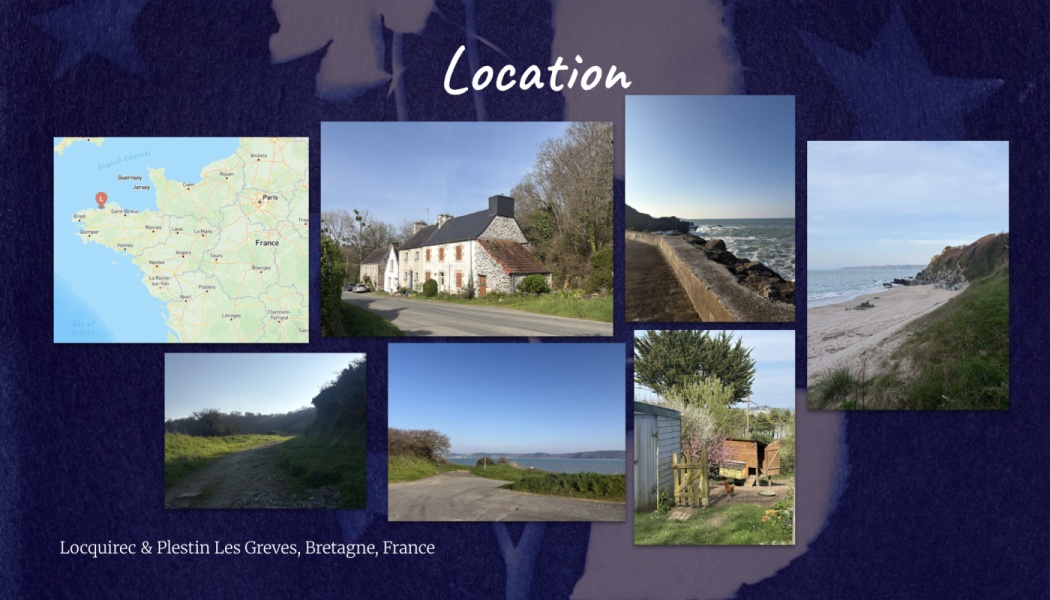 Collage of a map and photos showcasing countryside and coastal scenes in Locquirec & Plestin Les Greves, France.