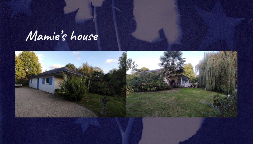 Text reading "Mamie's house" above two photos of a white house with blue shutters surrounded by a lush garden.