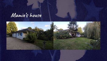 Text reading "Mamie's house" above two photos of a white house with blue shutters surrounded by a lush garden.