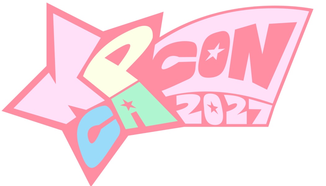 Pastel pink star-shaped logo with stylized colorful text reading "PCA CON 2027."