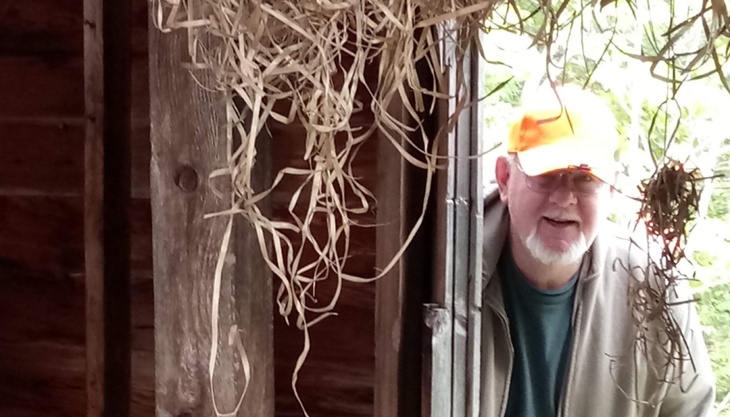 Smiling man with a white beard and orange cap peeking through a wooden doorway with hanging straw.