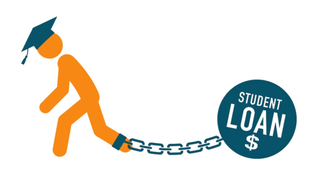 An orange graduate stick figure dragging a ball and chain labeled STUDENT LOAN $