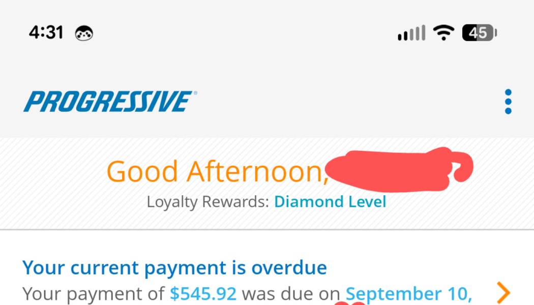 Progressive account dashboard showing an overdue payment notice of $545.92 due on September 10.