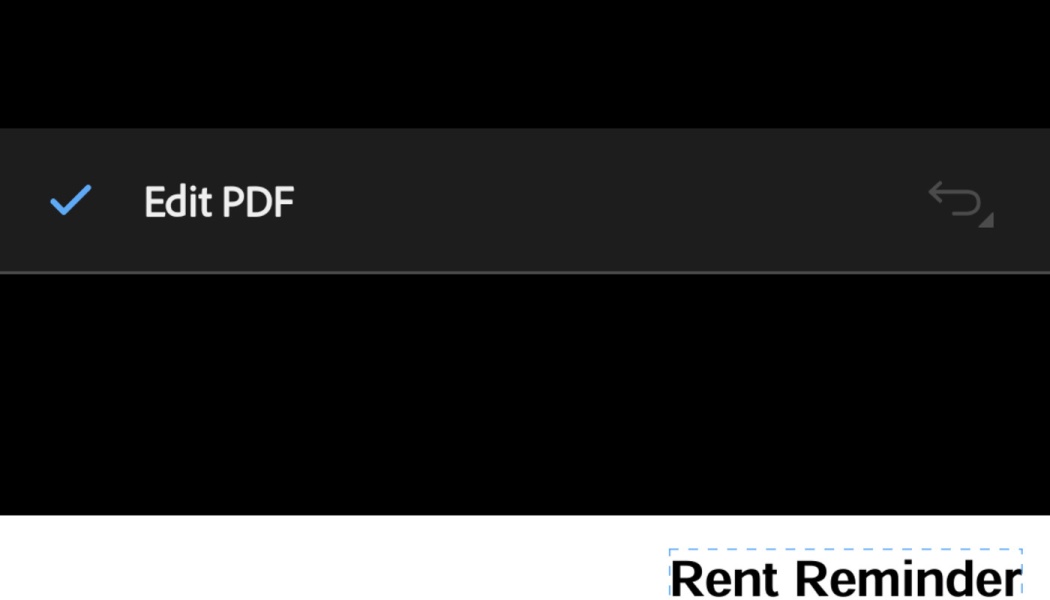 PDF editor interface displaying an 'Edit PDF' menu bar above a document fragment titled 'Rent Reminder'.