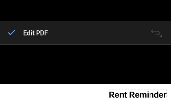 PDF editor interface displaying an 'Edit PDF' menu bar above a document fragment titled 'Rent Reminder'.