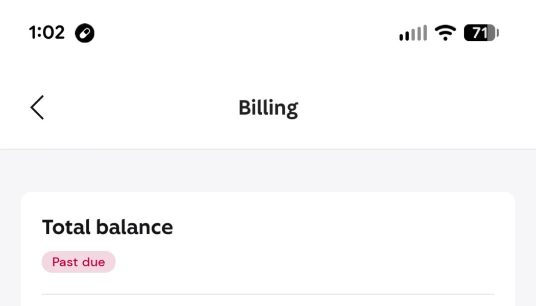 Mobile billing screen displaying a total balance section labeled as past due.