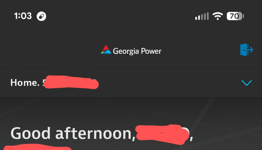 Georgia Power mobile app screen showing a greeting with personal account details redacted in red.