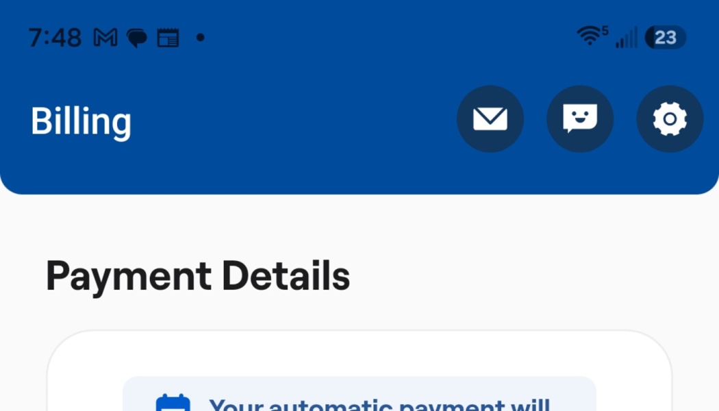 Mobile app screen showing a blue Billing header above a Payment Details section.