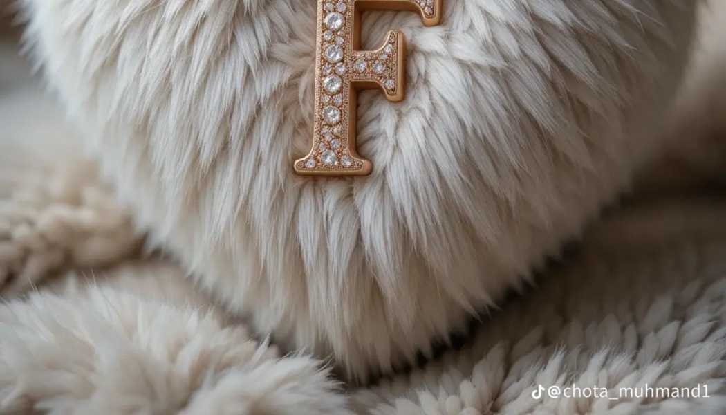 A sparkling gold letter F encrusted with diamonds resting on a soft, fluffy white fur background.