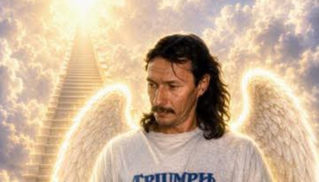 Man depicted as an angel with glowing wings in front of heavenly clouds and a stairway leading to bright light.