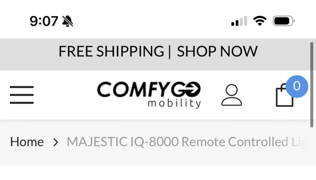 ComfyGo Mobility mobile website header featuring a Free Shipping banner, brand logo, and navigation icons.