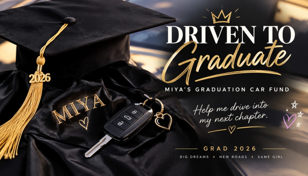 Black graduation cap with 2026 tassel, car key, and text reading "Driven to Graduate: Miya's Graduation Car Fund."