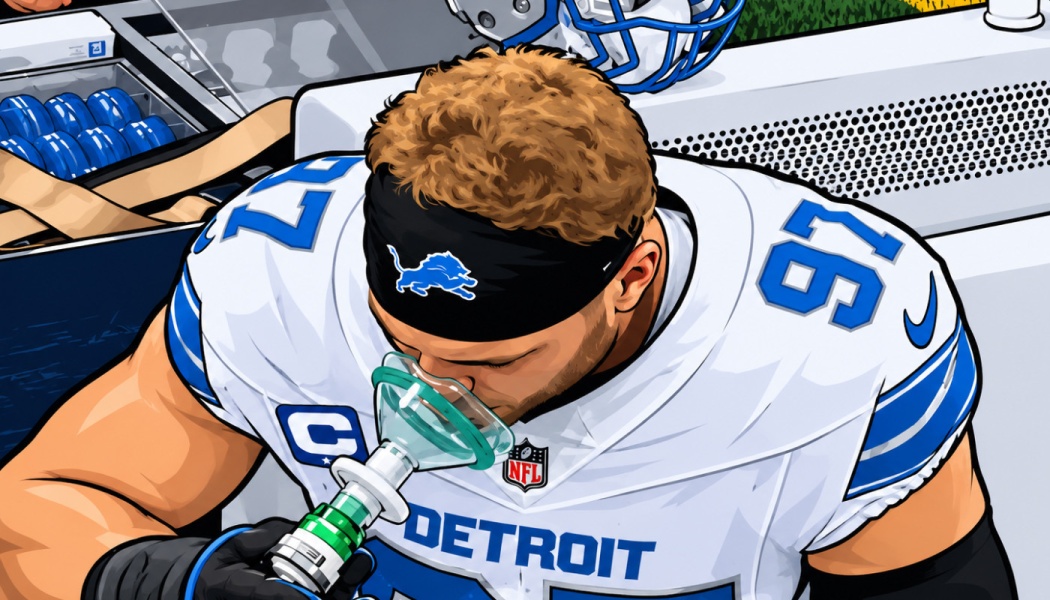 Illustration of a Detroit Lions player wearing number 97 using an oxygen mask on the sideline.