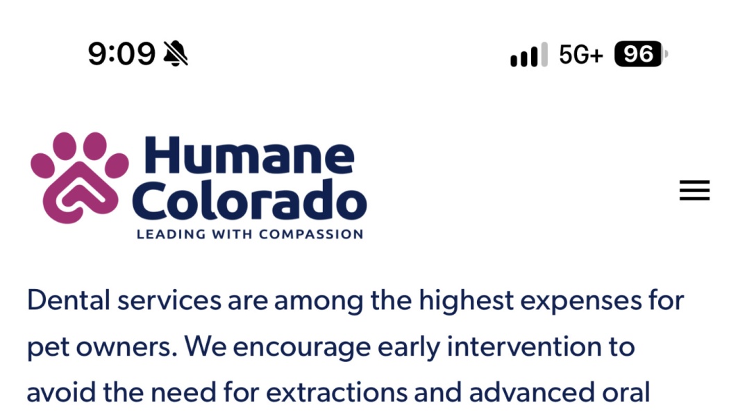 Humane Colorado logo and text explaining pet dental service costs and encouraging early intervention.