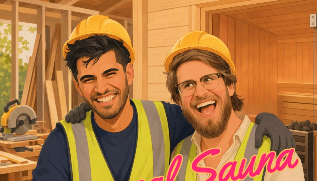 Two smiling men in hard hats and safety vests standing in front of a wooden sauna under construction.