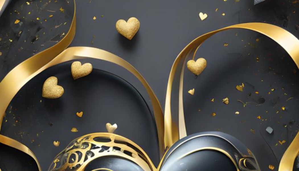 Elegant gold ribbons and small textured golden hearts scattered across a black background with gold confetti.