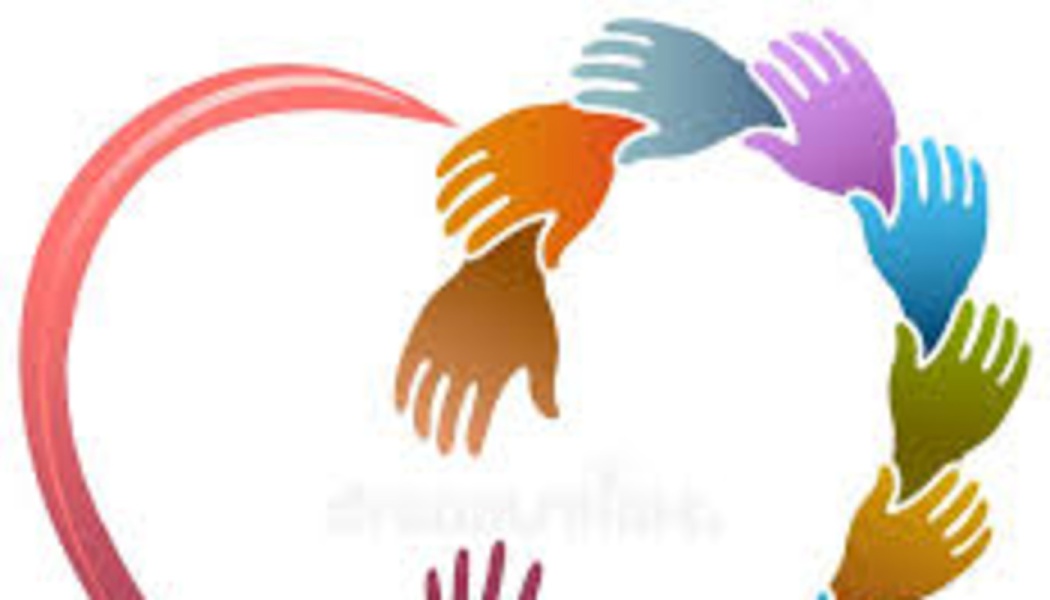 Diverse colorful hands and a curved red line forming a heart shape.